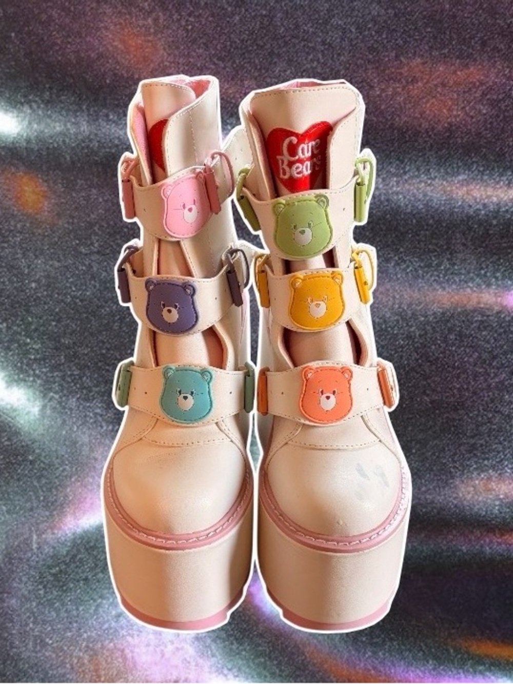 Cream Platform Boots with Pastel Bear Buckles